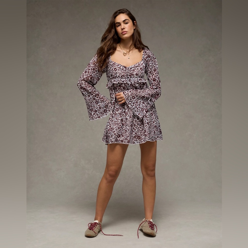 NWT Abercrombie And Fitch Long Sleeve Floral Babydoll Mini Dress Size Large Boho